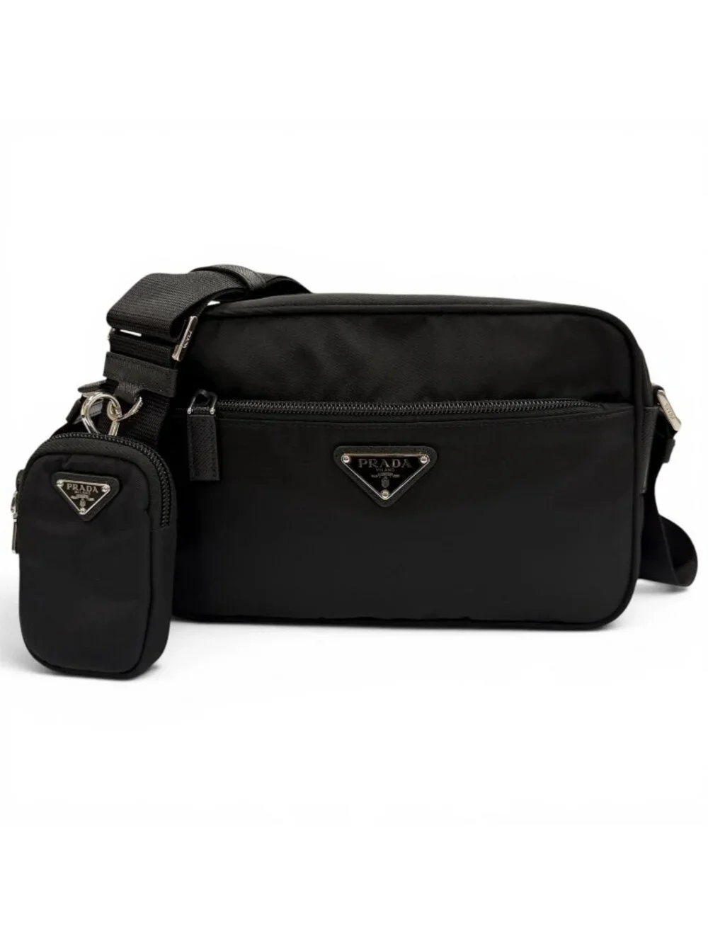 Prada Nylon Re-Nylon Triangle Logo Plate Shoulder Bag Black Silver